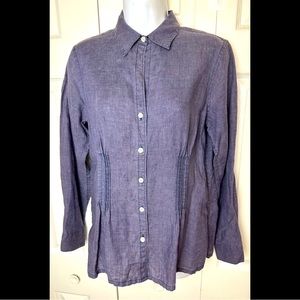 PAPERWHITE 100% Linen Button Down Shirt Blouse Top Blue Pleated Collared Airy
